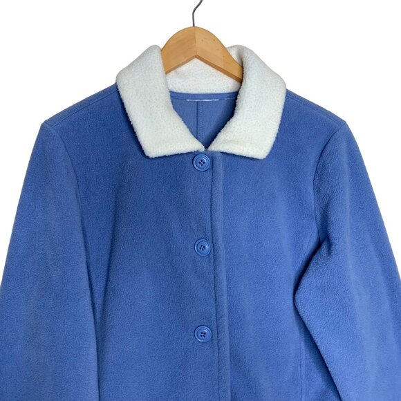 QVC Jacket Coat Fleece Button Front Coneflower Blue Cream Pockets Women's Size L - Picture 2 of 6